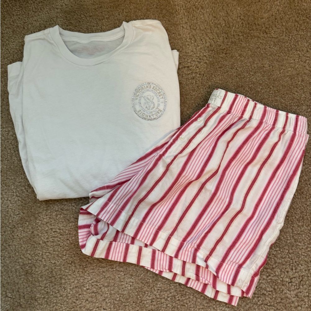 Victorias Secret Long Sleeve T-Shirt and Flannel Striped Shorts Set